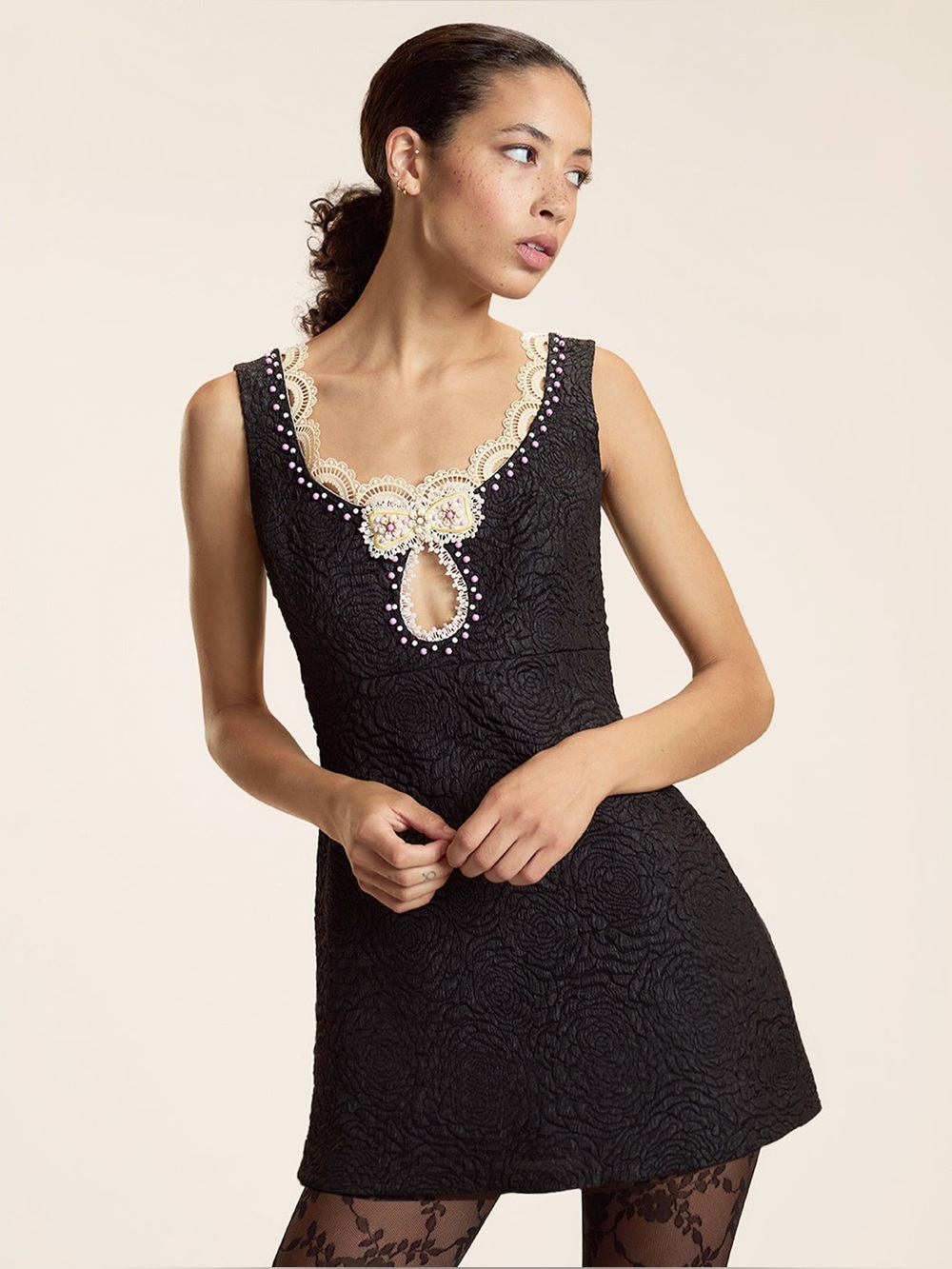Cynthia Rowley Petit Four Lace Trim Dress in Black